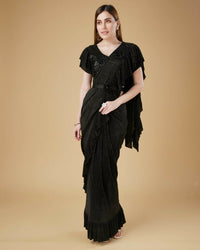 Thumbnail for Black Imported Crush Solid Ready to Wear Saree with stitched Blouse - Aayan - Distacart