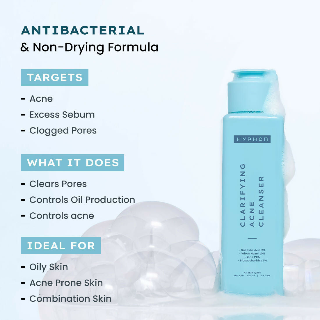 Hyphen By Kriti Sanon Clarifying Acne Cleanser With 2% Salicylic Acid, Anti-Acne Face Wash For Oil Control