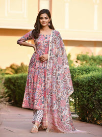 Thumbnail for Indian Fashion Women Pink Printed Viscose Rayon Kurta And Pant Set - Distacart