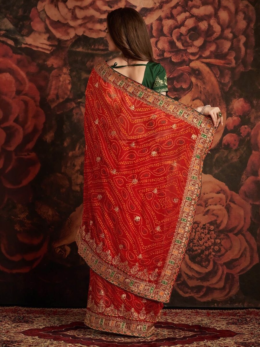 Anouk Red & Green Printed & Embroidered Pure Georgette Bandhani Saree - Distacart