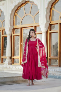 Thumbnail for Aastha Fashion Women's Rani Pink Faux Georgette 5 Layer Frill Work Anarkali Dress with Dupatta - Distacart