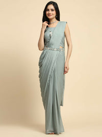 Thumbnail for Sea Green Chiffon Solid Ready to wear Saree with stitched Blouse - Aayan - Distacart
