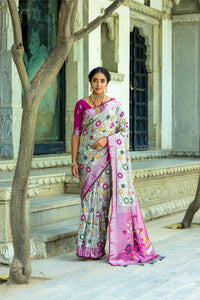 Thumbnail for Aastha Fashion Grey Woven Kanjivaram Silk Saree with Blouse - Distacart