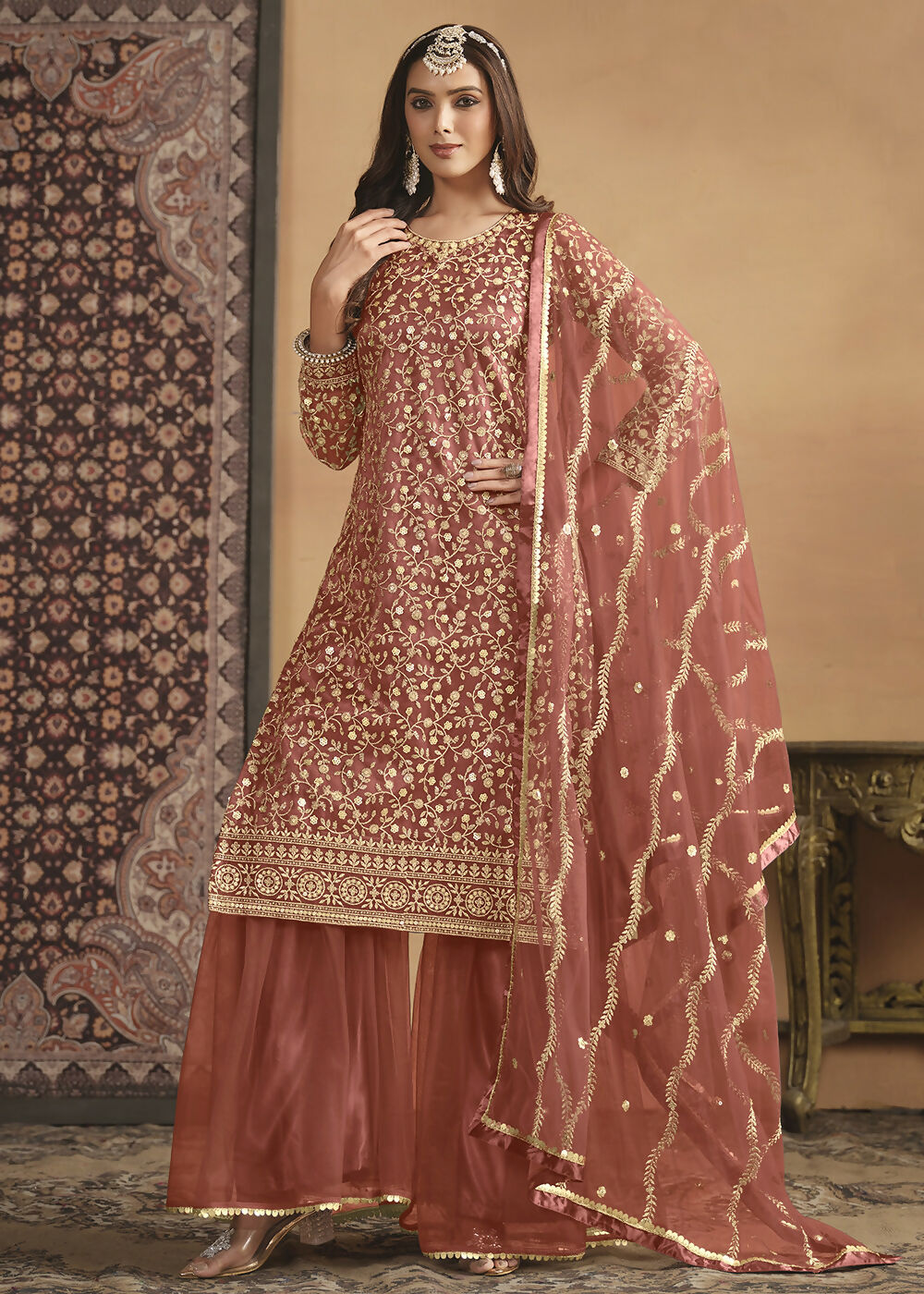 Net Rust Orange Embroidered Festive Gharara Style Suit - Emponline - Distacart