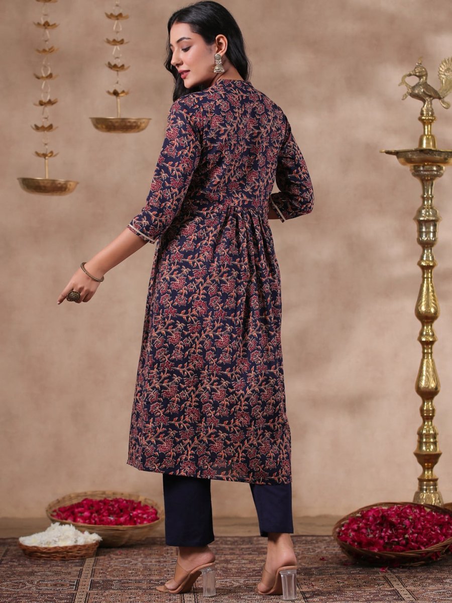 Anubhutee Floral Printed Mandarin Collar Pure Cotton Anarkali Kurta With Trousers - Distacart