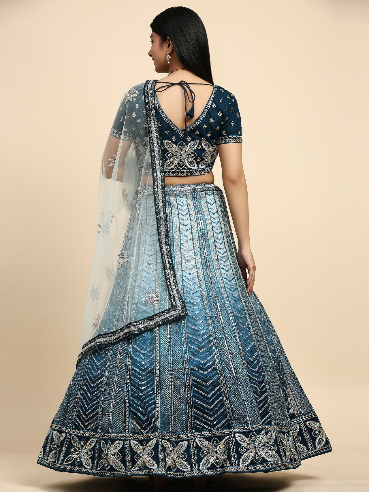 Blue Fancy Net Sequence Embroidered Lehenga Choli with Dupatta - Dhara - Distacart