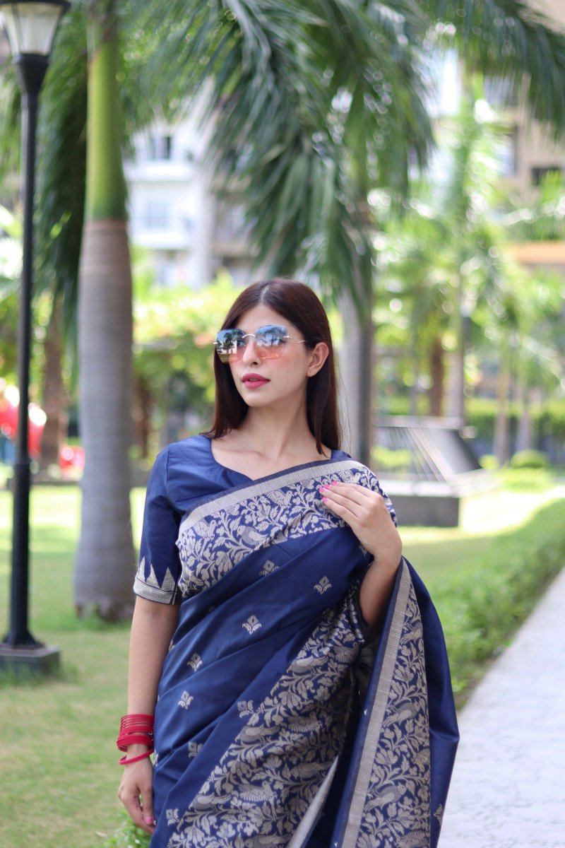 Aastha Fashion Navy Blue Woven Handloom Raw Silk Saree with Blouse - Distacart