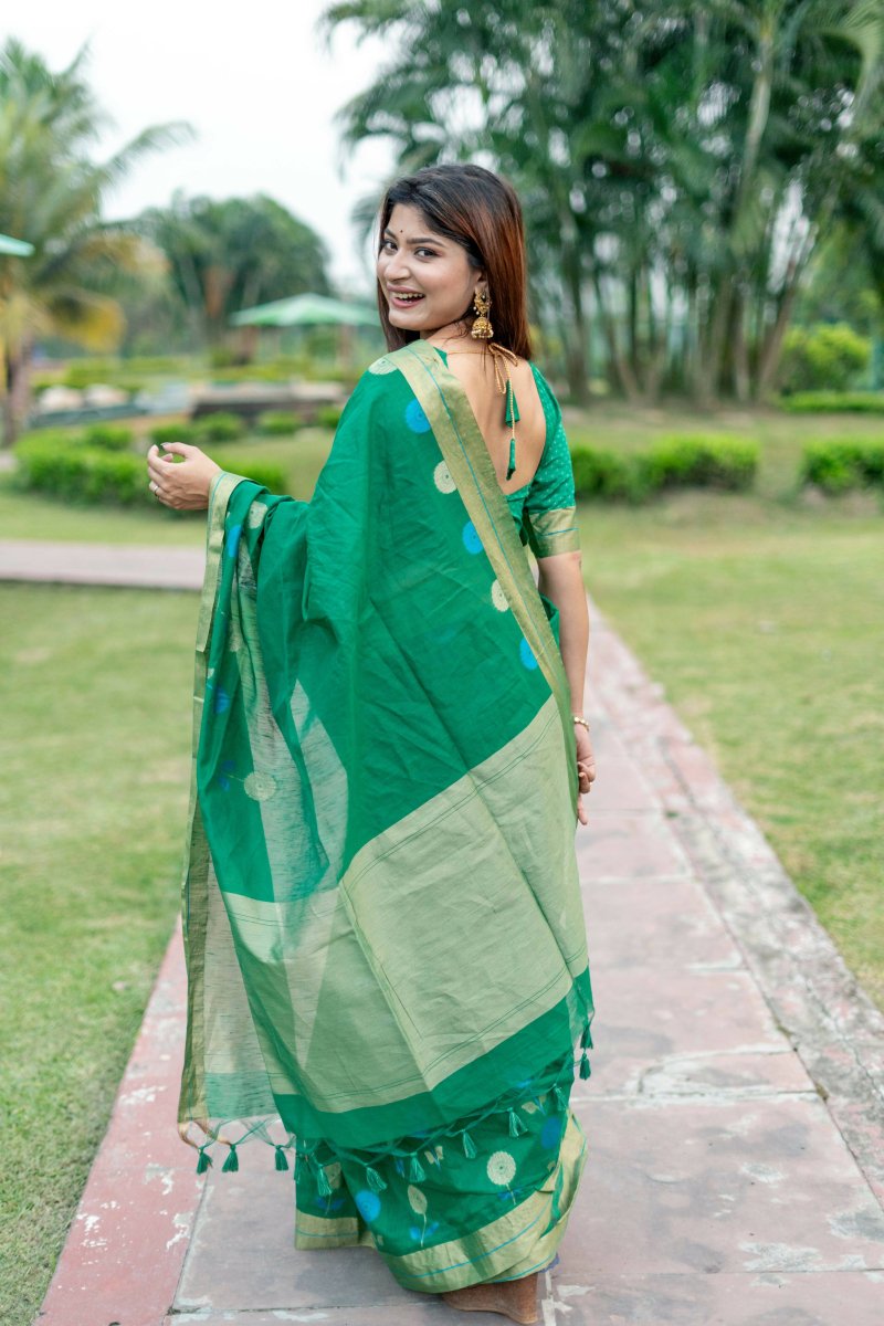 Aastha Fashion Green Woven Cotton Silk Saree with Blouse - Distacart