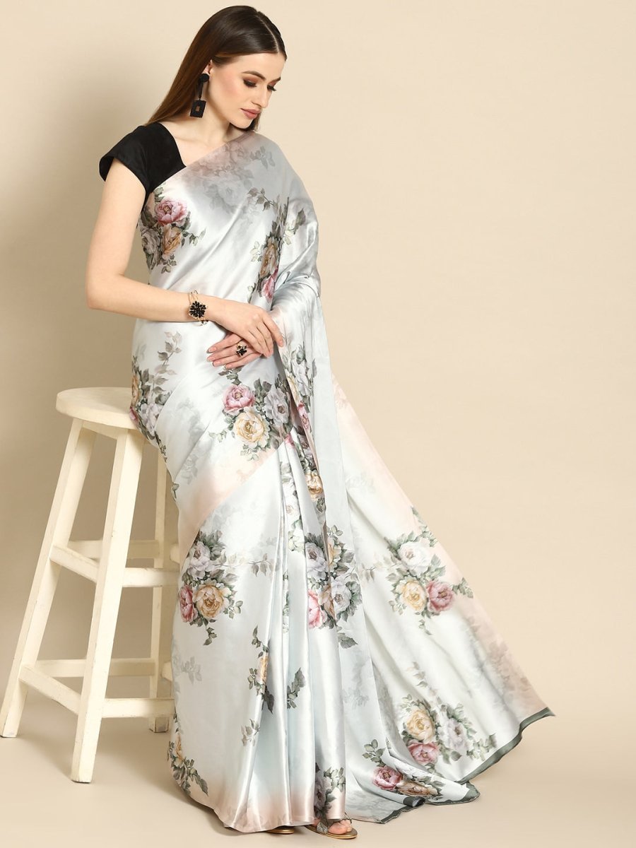 Anouk Sea Green Floral Satin Saree - Distacart