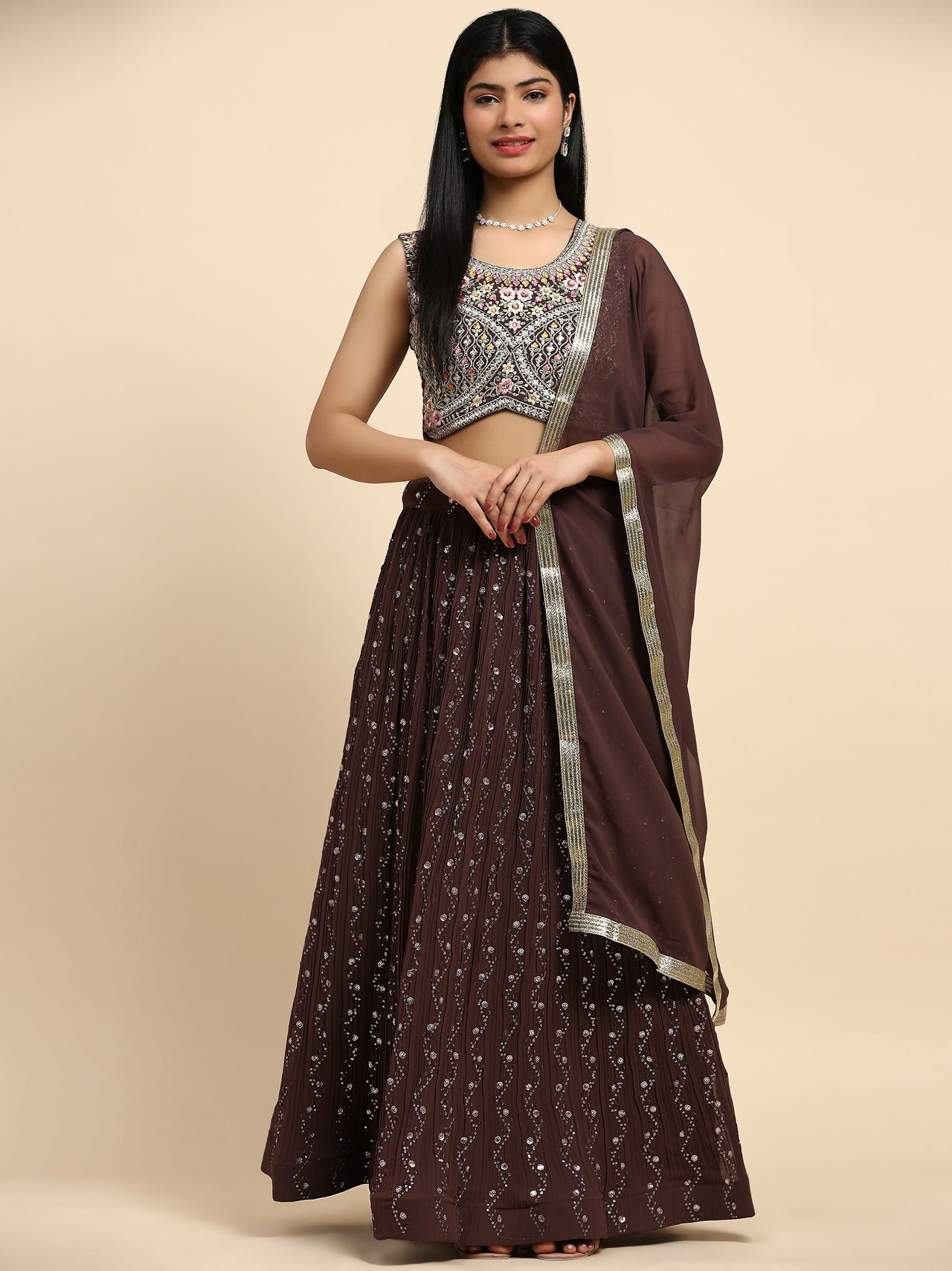 Brown Georgette Embroidered Lehenga choli with Dupatta - Dhara - Distacart