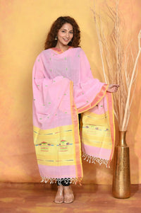 Thumbnail for Very Much Indian Handloom Pure Cotton Paithani Dupatta Pink - Distacart