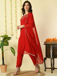 Thumbnail for Myshka Women's Red Georgette Kurta & Trousers With Dupatta Party Sets - Distacart