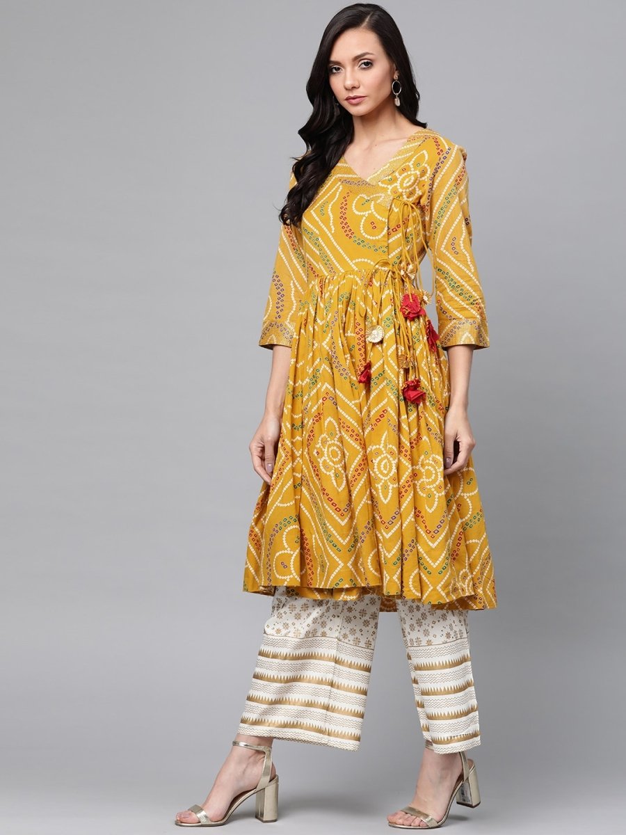 Anubhutee Women Mustard Yellow & Off-White Bandhani Print Kurta with Palazzos - Distacart