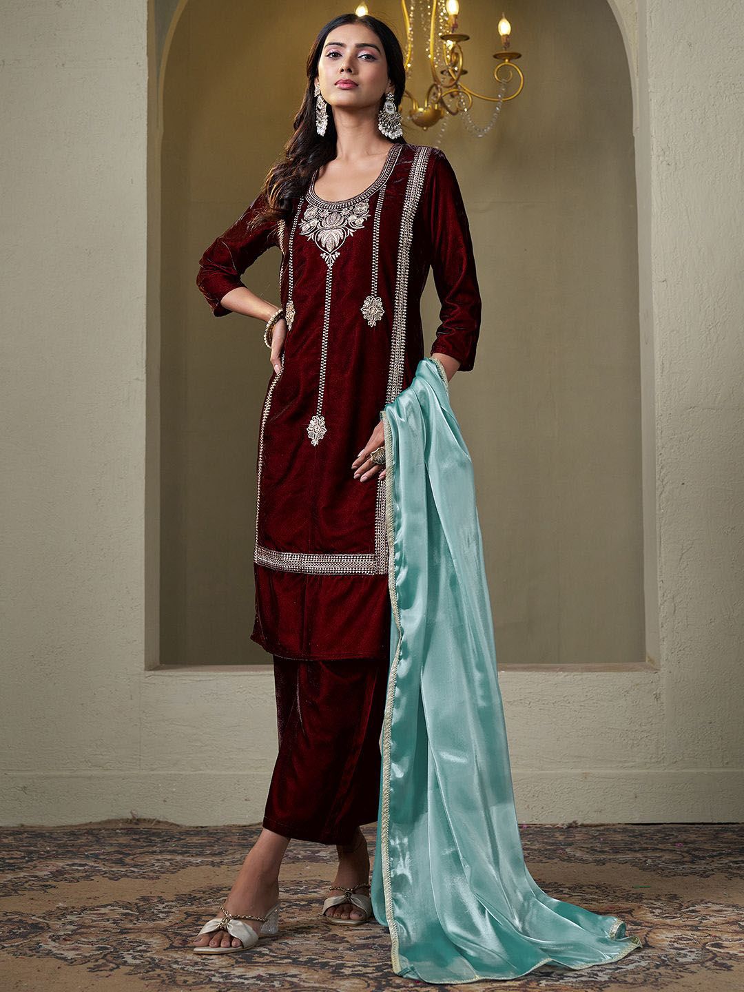 Sangria Embroidered Kurta & Trouser With Dupatta