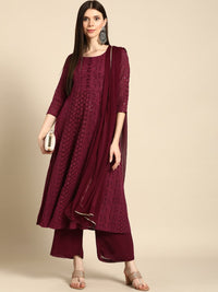 Thumbnail for Anouk Women Maroon Ethnic Motifs Embroidered Chikankari Kurta with Palazzos & With Dupatta - Distacart