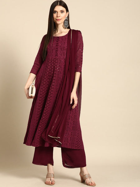 Anouk Women Maroon Ethnic Motifs Embroidered Chikankari Kurta with Palazzos & With Dupatta - Distacart