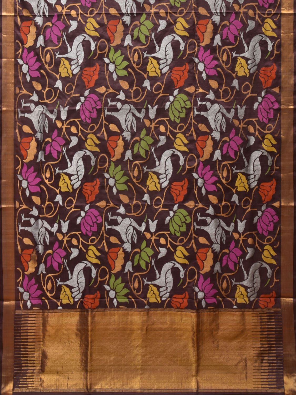 Buy Brown Uppada Silk Handloom Saree With All Over Birds And Lotus 