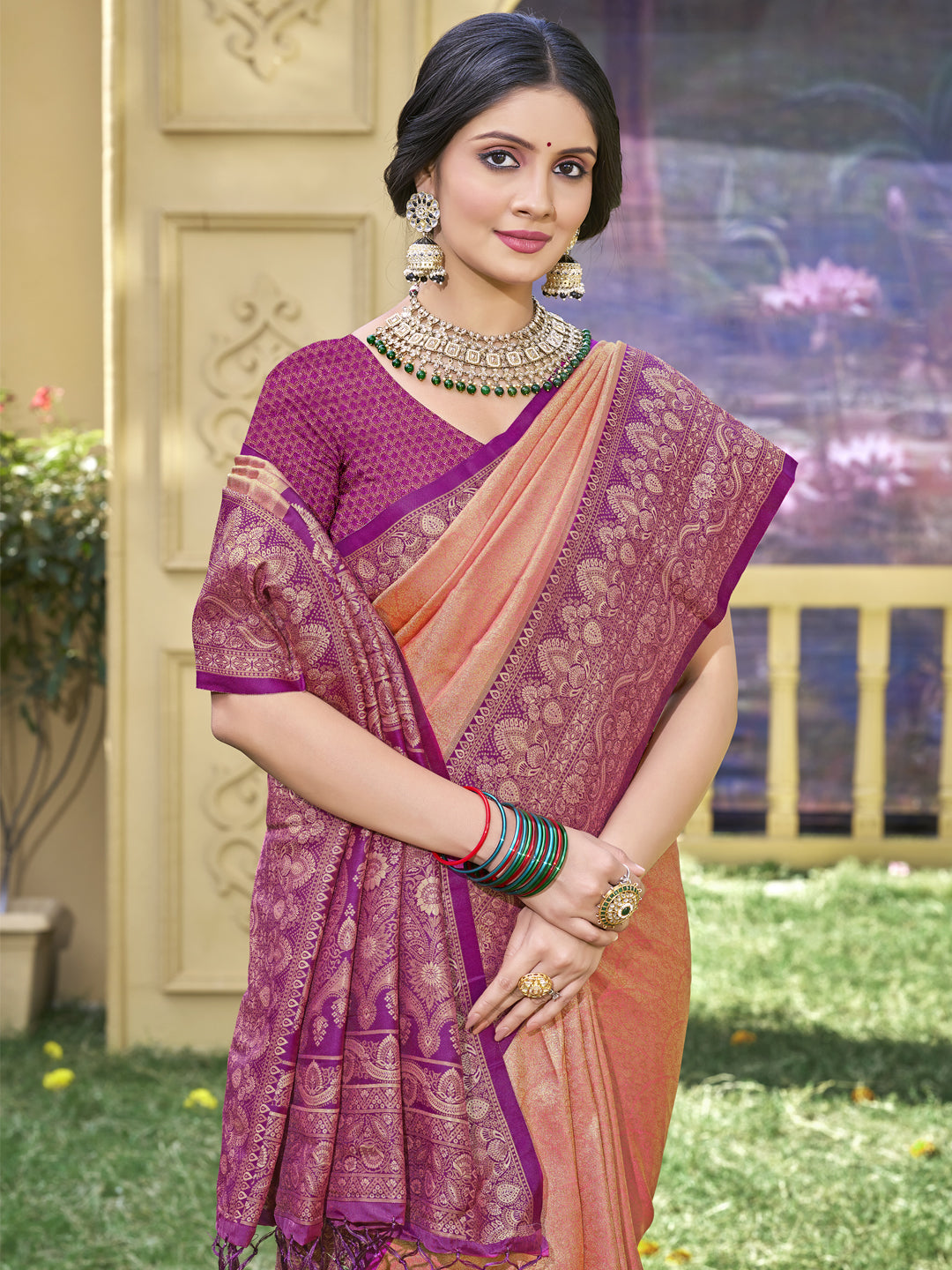 Aanika Women Peach Banarasi Silk Saree With Unstitched Blouse