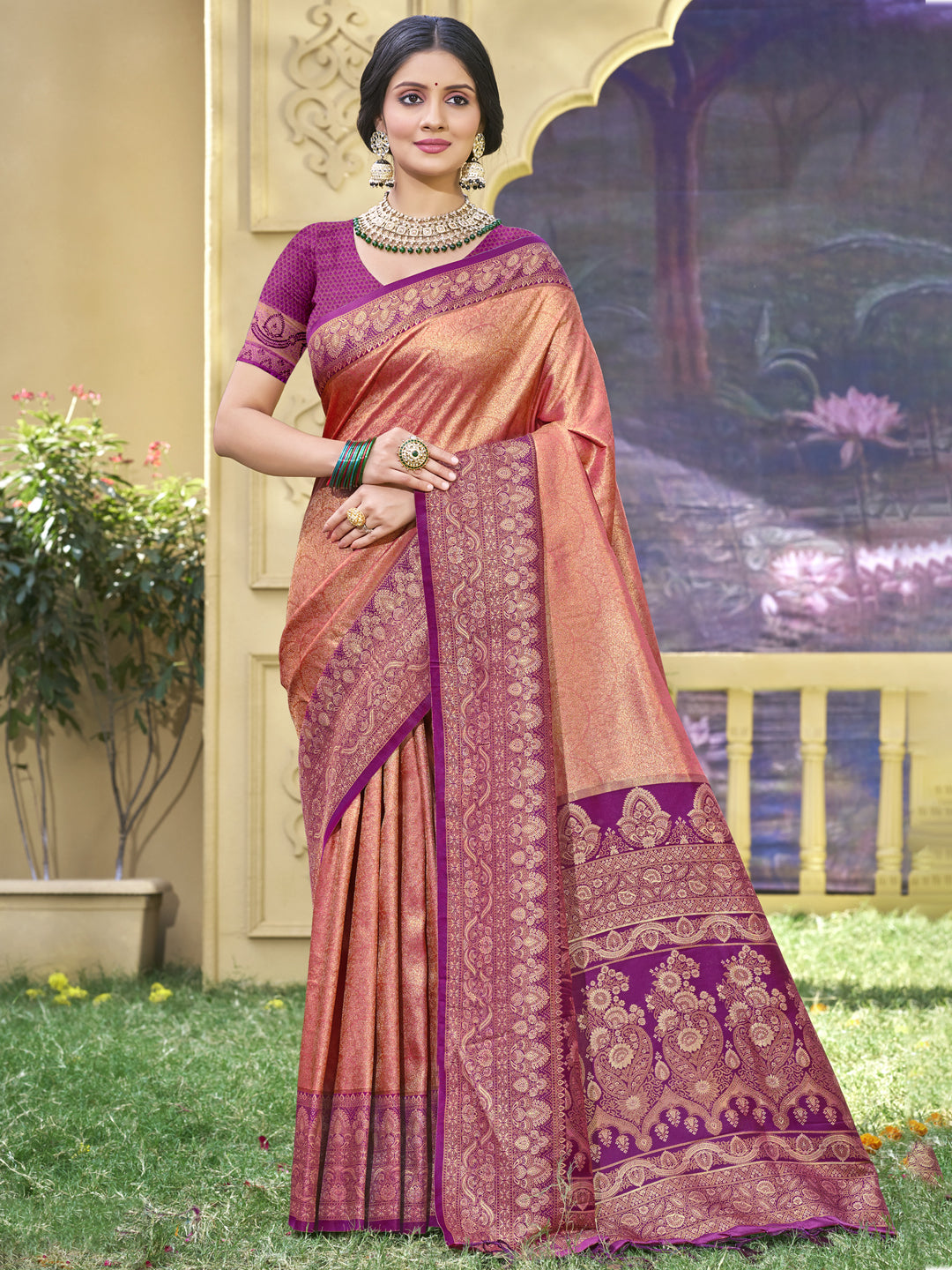 Aanika Women Peach Banarasi Silk Saree With Unstitched Blouse