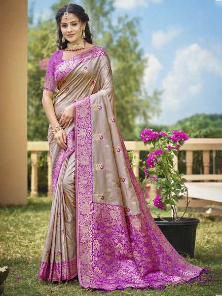 Aanika Women Grey Banarasi Silk Saree With Unstitched Blouse