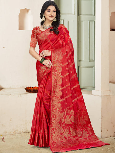 Aanika Women Red Silk Saree With Unstitched Blouse