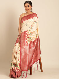 Thumbnail for Women Cream Silk Saree With Un Stitched Blouse - Aanika