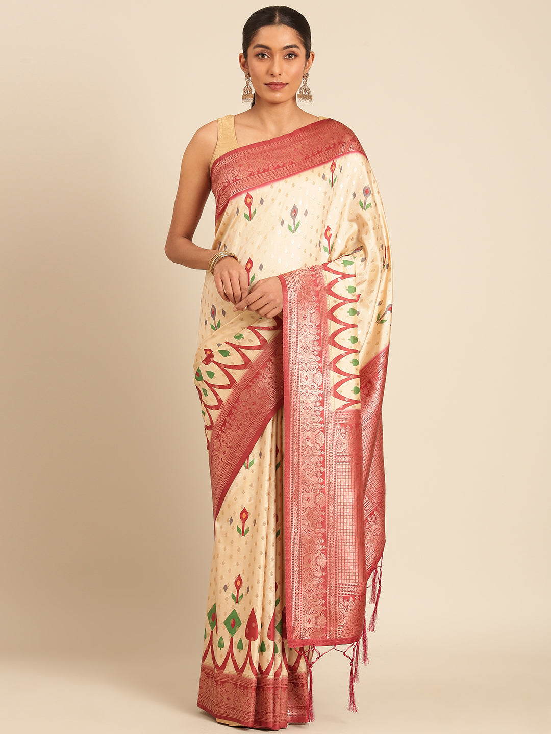 Women Cream Silk Saree With Un Stitched Blouse - Aanika