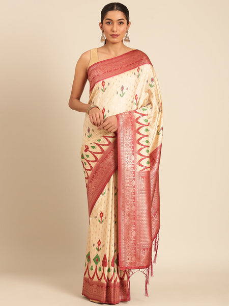 Women Cream Silk Saree With Un Stitched Blouse - Aanika