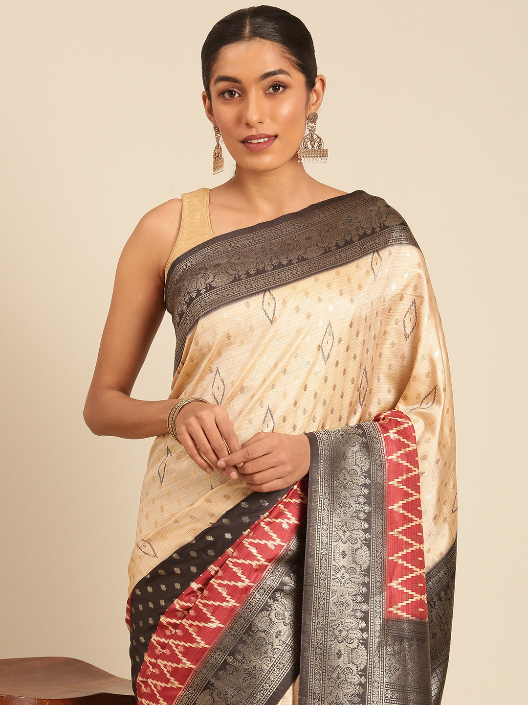 Women Cream Silk Saree With Un Stitched Blouse - Aanika