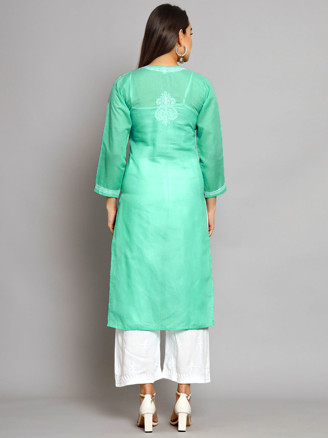 PARAMOUNT CHIKAN Women Sea Green Ethnic Motifs Embroidered Chikankari Kurta - Distacart