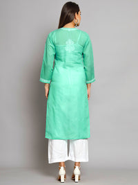 Thumbnail for PARAMOUNT CHIKAN Women Sea Green Ethnic Motifs Embroidered Chikankari Kurta - Distacart