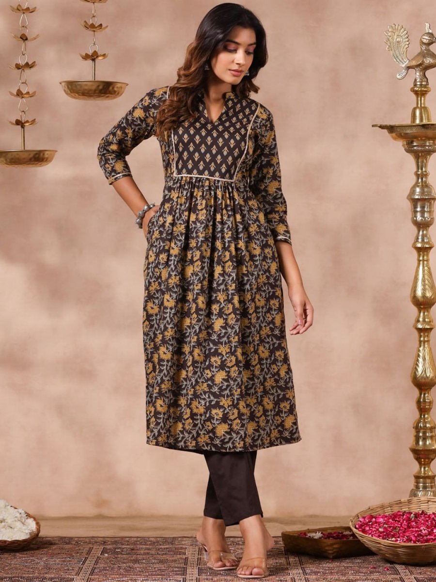 Anubhutee Floral Printed Mandarin Collar Regular Pure Cotton A-Line Kurta With Trousers - Distacart