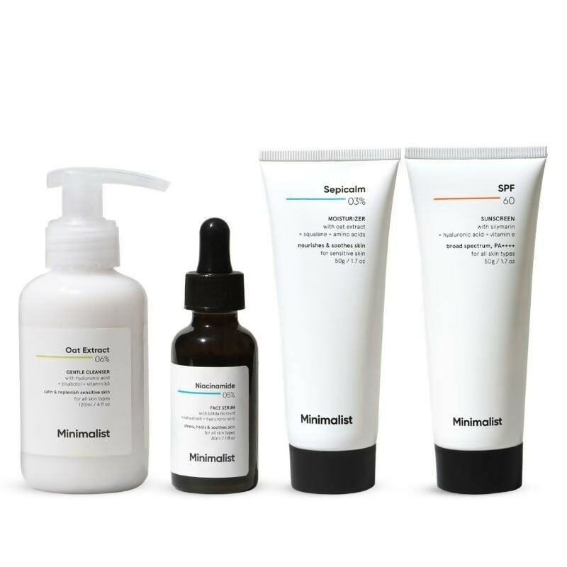 Minimalist Daily Skincare Routine For Sensitive Skin & Damaged Barrier CSMS (Cleanser, Serum, Moisturizer, Sunscreen) Combo