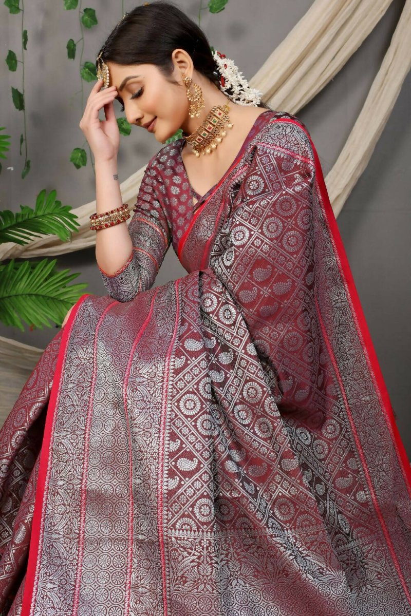 Aastha Fashion Maroon Woven Kanchipuram Silk Saree with Blouse - Distacart