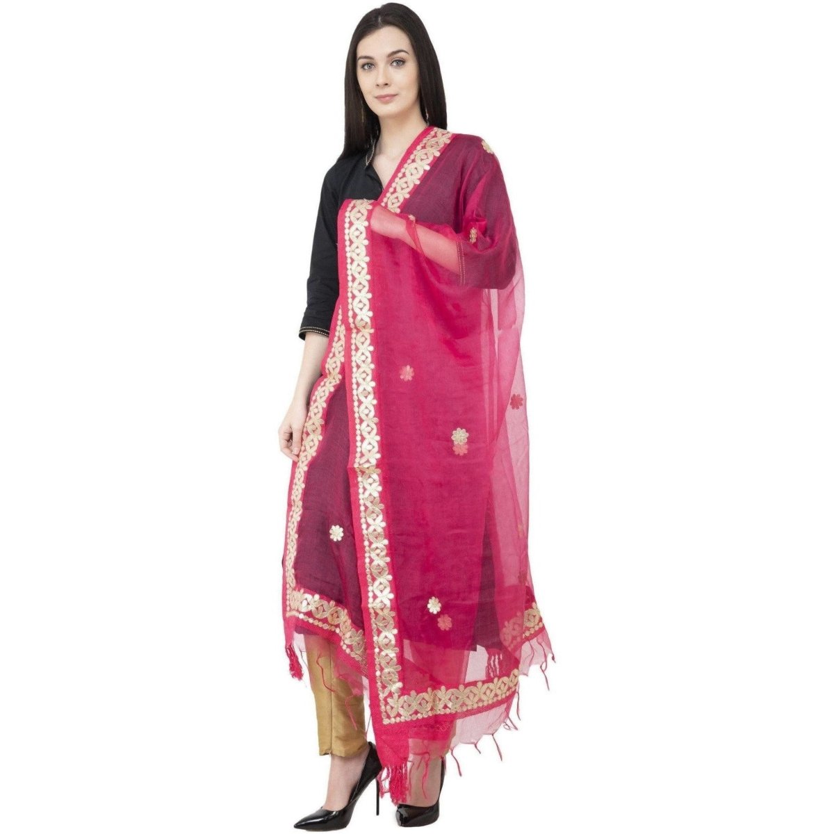 A R SILK Orgenza Gota patti Fancy Dupatta Gajari Color Dupatta or Chunni