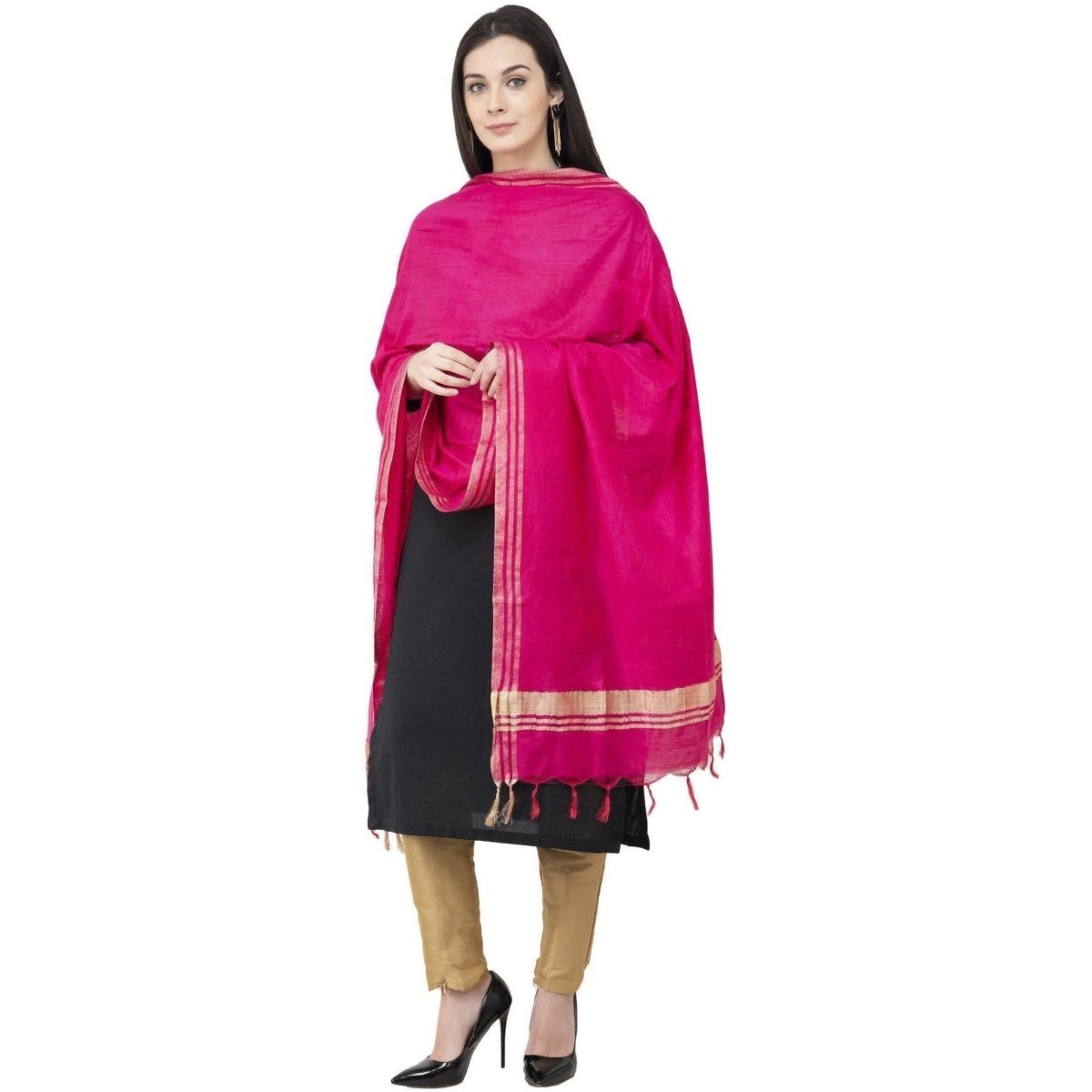 A R SILK Golden Border Regular Dupatta Dark Pink Color Dupatta or Chunni