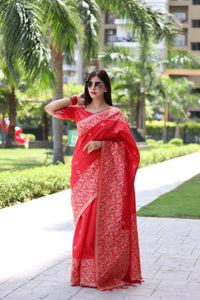 Thumbnail for Aastha Fashion Red Woven Handloom Raw Silk Saree with Blouse - Distacart