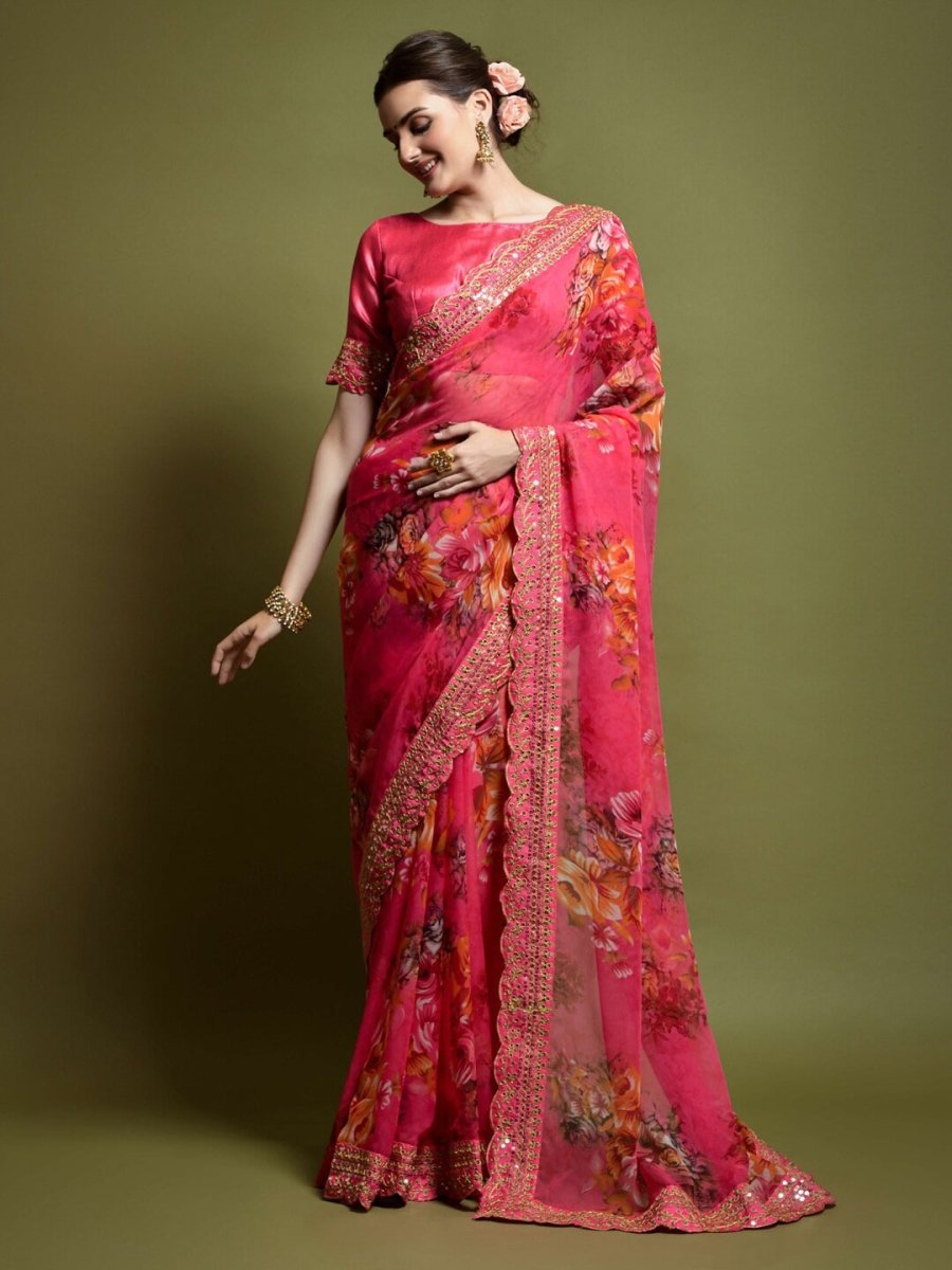 Anouk Pink & Yellow Floral Printed Embroidered Saree - Distacart