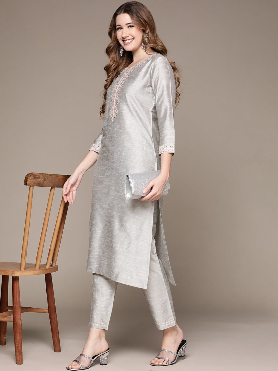 Anubhutee Women Grey Ethnic Motifs Embroidered Kurta with Trousers - Distacart