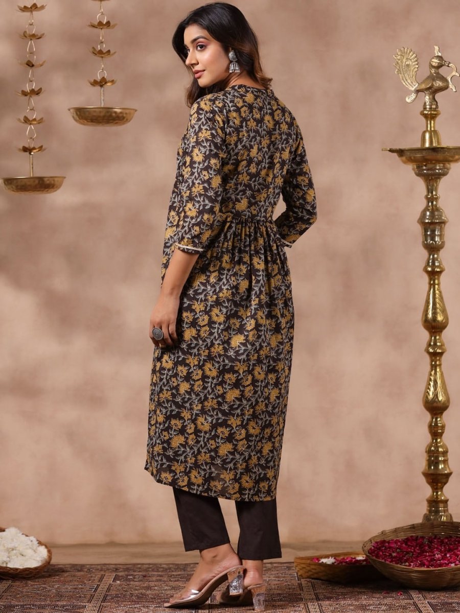 Anubhutee Floral Printed Mandarin Collar Regular Pure Cotton A-Line Kurta With Trousers - Distacart