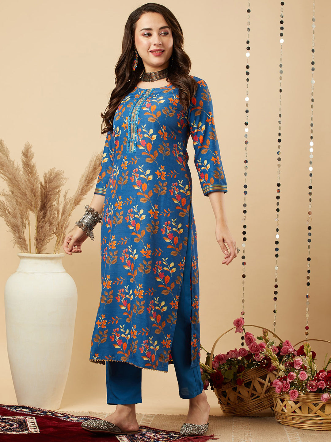 Kalini Floral Printed Regular Mirror Work Kurta with Trousers & Dupatta - Distacart