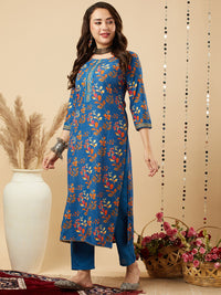 Thumbnail for Kalini Floral Printed Regular Mirror Work Kurta with Trousers & Dupatta - Distacart