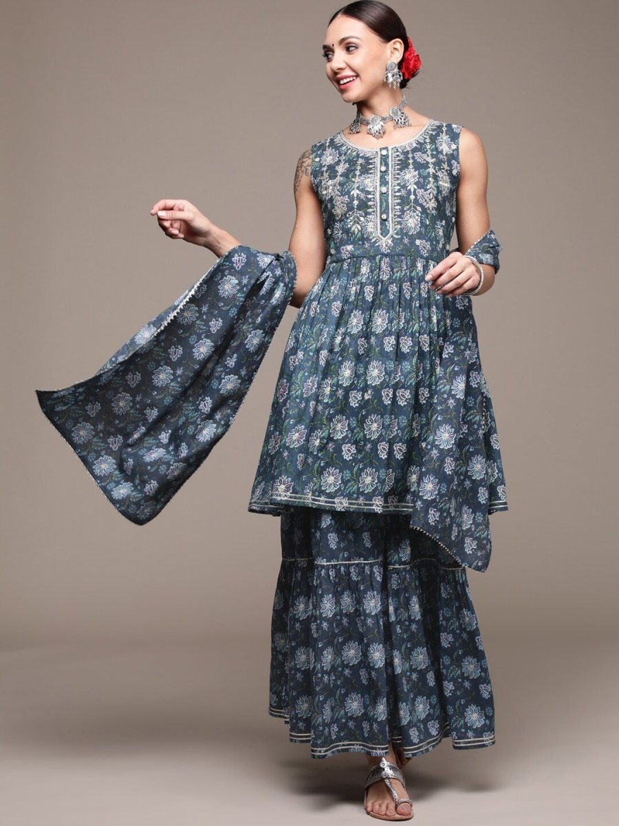 Anubhutee Floral Printed Thread & Mirror Work Pure Cotton Kurta with Sharara & Dupatta - Distacart