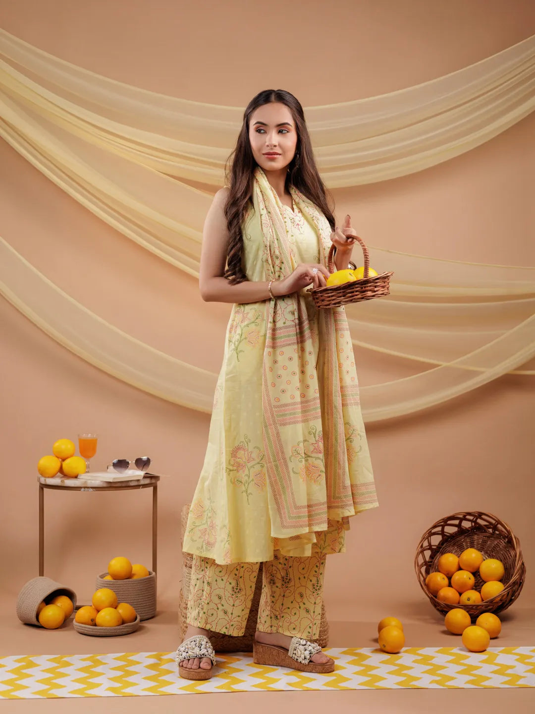 Yufta Cotton Yellow Sleeveless Kurta Dupatta Set