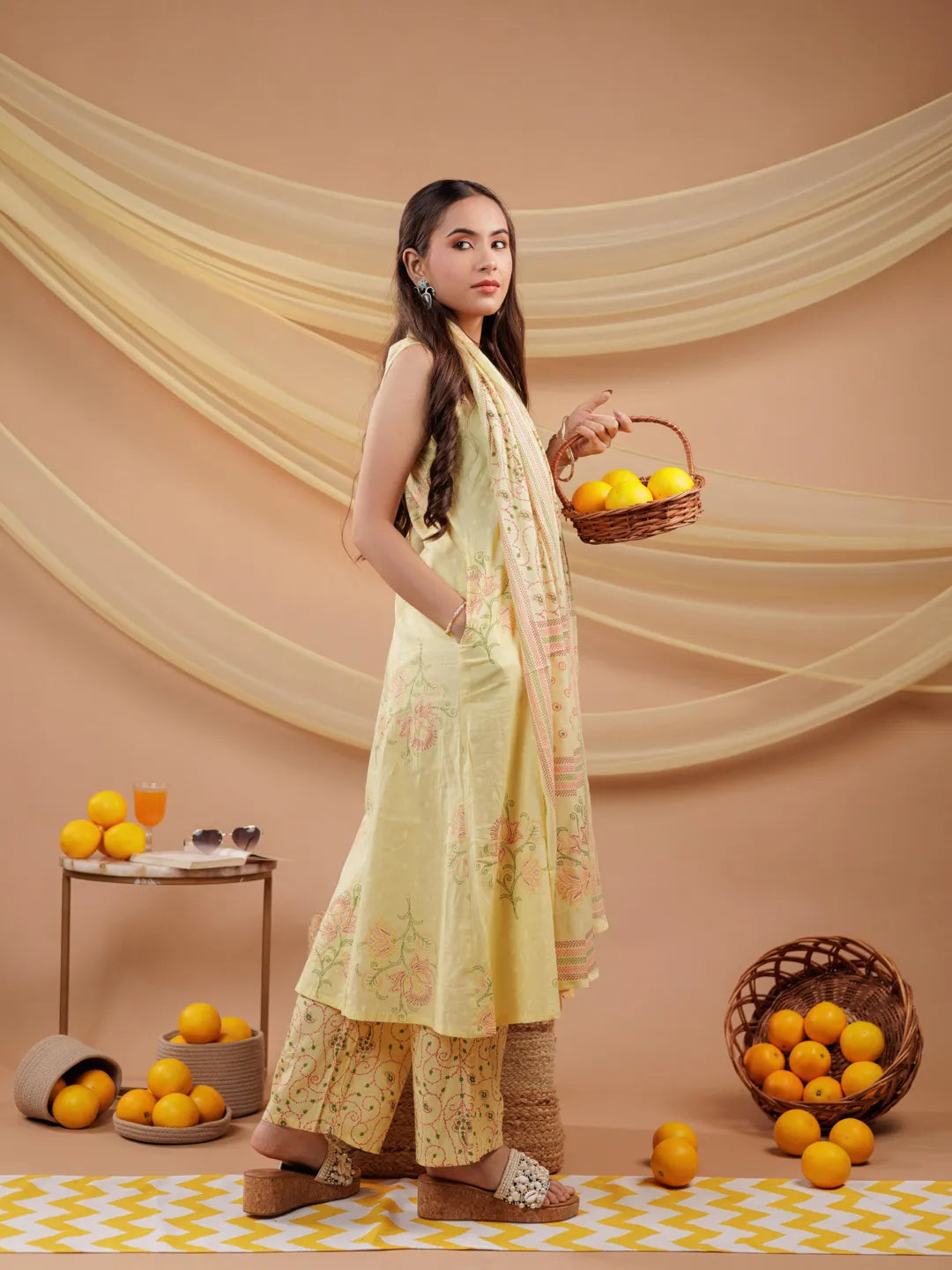 Yufta Cotton Yellow Sleeveless Kurta Dupatta Set