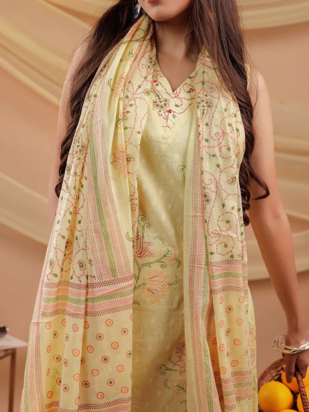 Yufta Cotton Yellow Sleeveless Kurta Dupatta Set