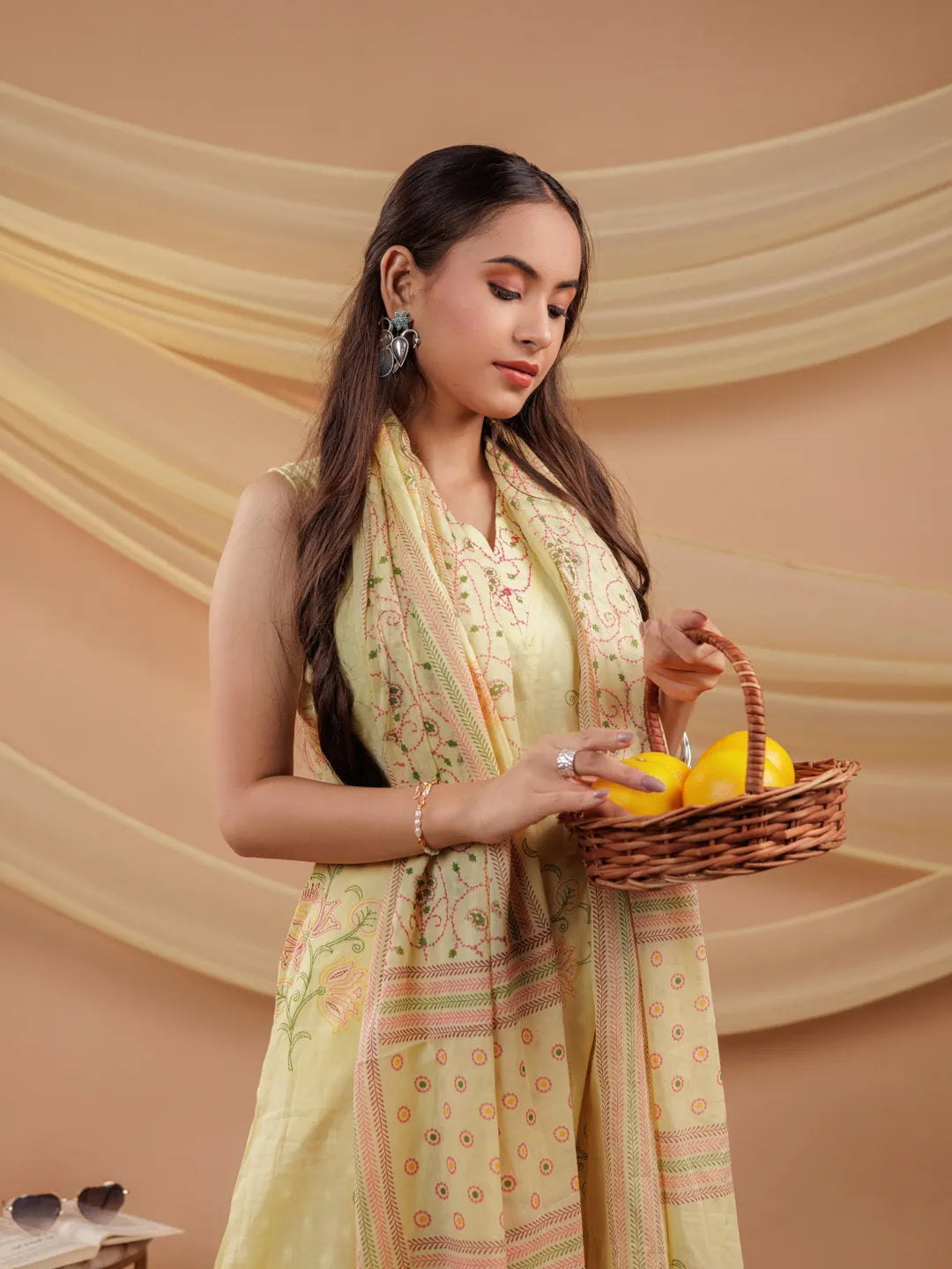 Yufta Cotton Yellow Sleeveless Kurta Dupatta Set