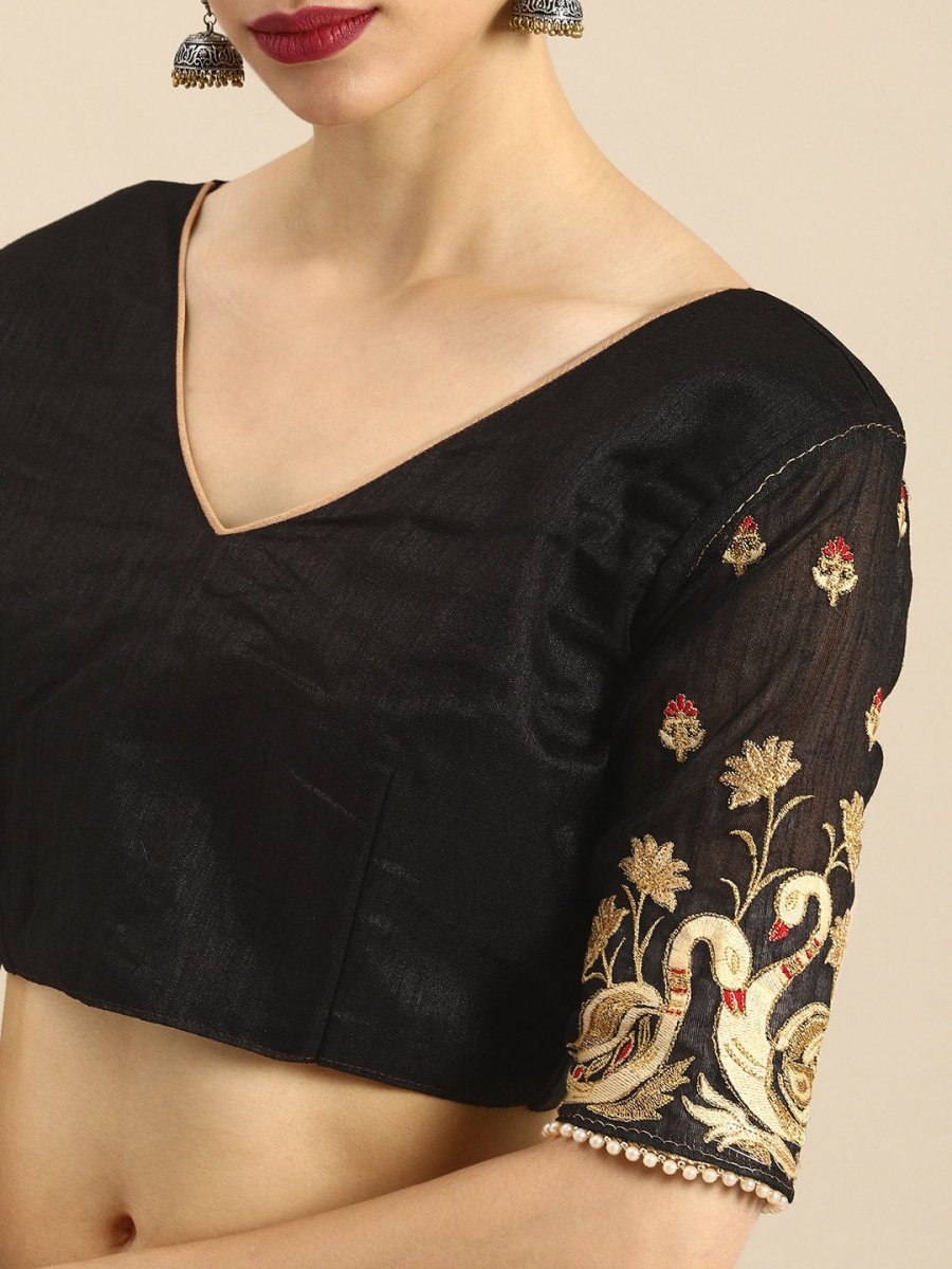 Anouk Black Solid Satin Pearl Border Saree - Distacart