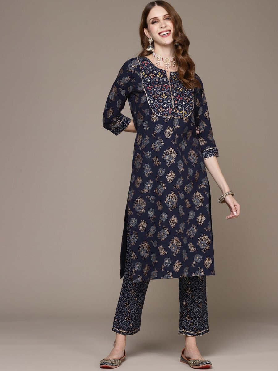 Anubhutee Women Navy Blue Ethnic Motifs Printed Pure Cotton Kurta with Trousers - Distacart