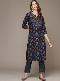 Thumbnail for Anubhutee Women Navy Blue Ethnic Motifs Printed Pure Cotton Kurta with Trousers - Distacart